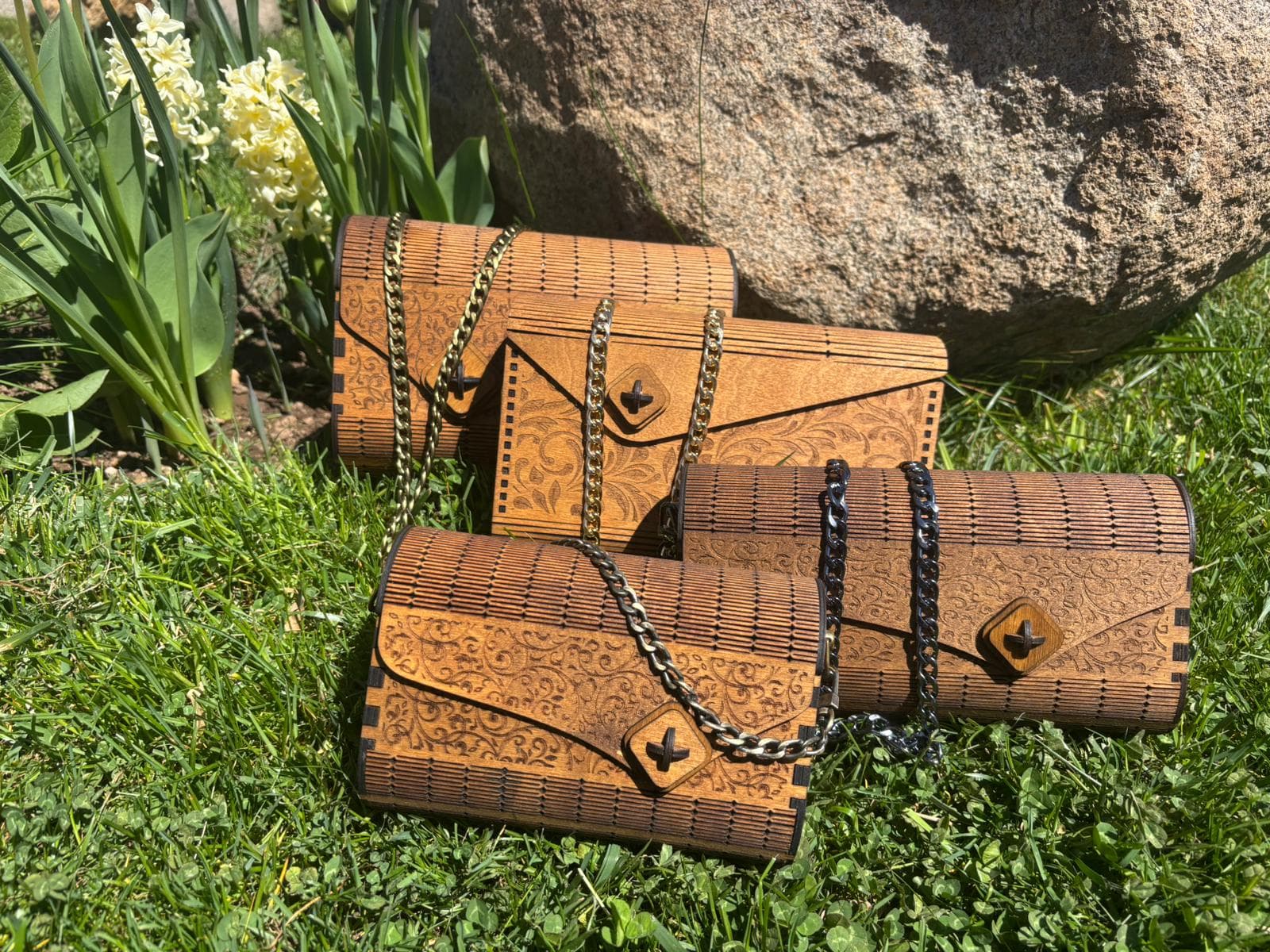 Close-up of handcrafted woodworking and leather stitching